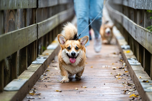 A smiling Welsh corgi dog runs across a bridge with its owner on a rainy autumn day