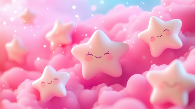 Smiling White Stars on Pink Clouds with Sparkles