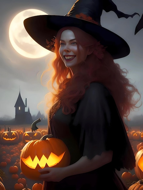 Smiling Witch Holding Pumpkin In Pumpkin Patch