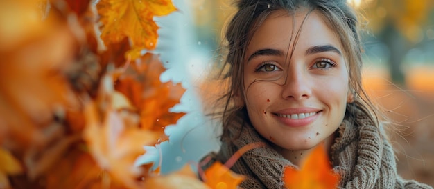 Photo smiling woman amidst autumn leaves