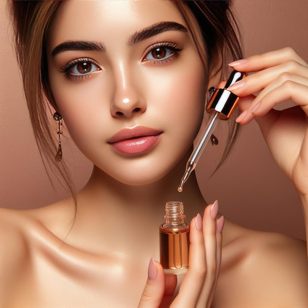 Smiling woman applying face serum with a pipette applying facial cream