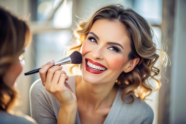 Photo smiling woman applying makeup with a positive expression