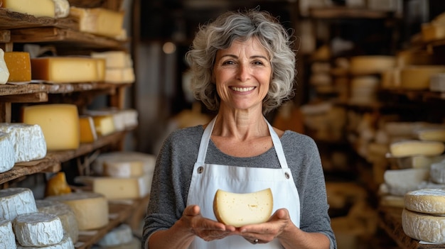 A smiling woman in an apron holds a wedge of cheese in front of a cheese display