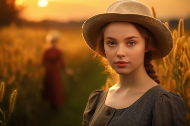 A Smiling Woman Basks in the Golden Hour Glow of a Flowering Meadow