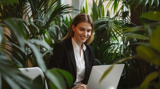 Photo a smiling woman in a black blazer works on her laptop surrounded by vibrant green plants creating a fresh and inspiring workspace