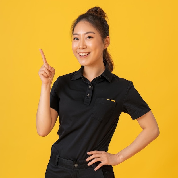 A smiling woman in a black polo shirt gestures upwards with her index finger while standing against a bright yellow background