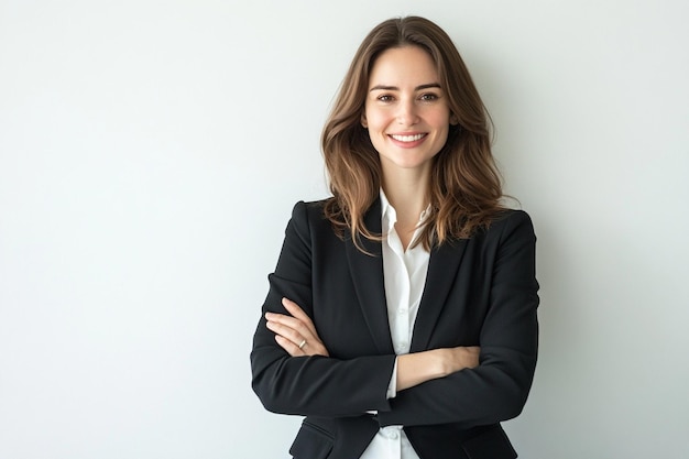 Photo a smiling woman in business attire standing confid