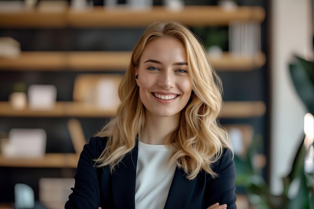 A smiling woman in a business suit