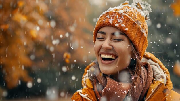 Photo smiling woman catching raindrops on her tongue during a gentle autumn rain her joy infectious and scene vibrant