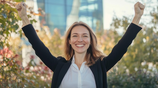 Photo a smiling woman celebrates success outdoors in an urban setting surrounded by colorful autumn foliage