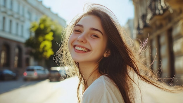 Smiling Woman in City