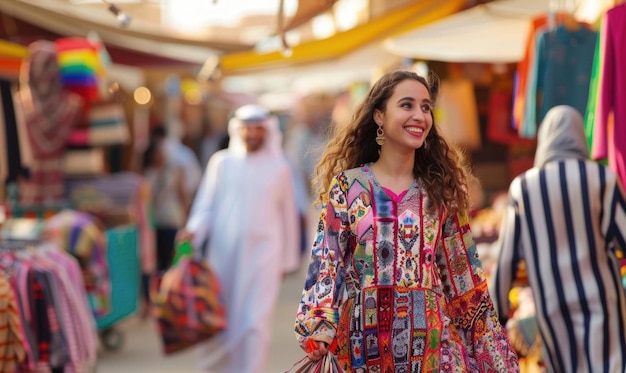 Smiling woman in a colorful dress shopping at a Middle Eastern market