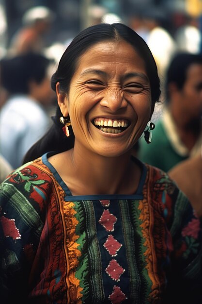 A Smiling Woman in a Colorful Dress