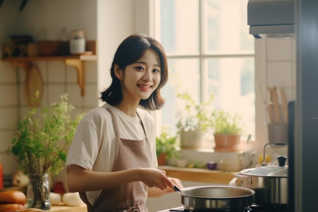 Smiling Woman Cooking Healthy Food in Kitchen