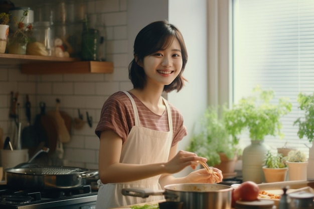 Smiling Woman Cooking Healthy Food in Kitchen