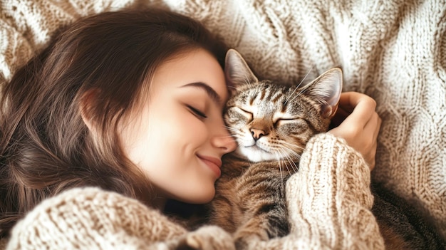 A smiling woman cuddles her cat on a soft bed embodying a cozy autumn vibe while creating a heartwarming atmosphere of love and comfort