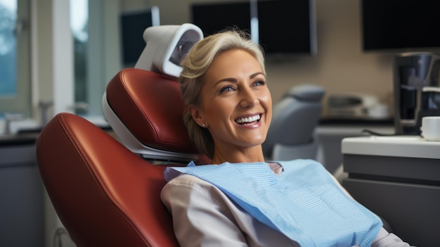 Photo smiling woman in dental chair looking relaxed