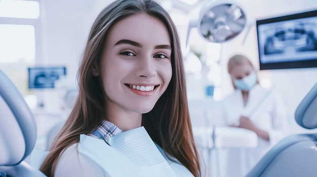 Smiling woman in dental chair with dentist in background