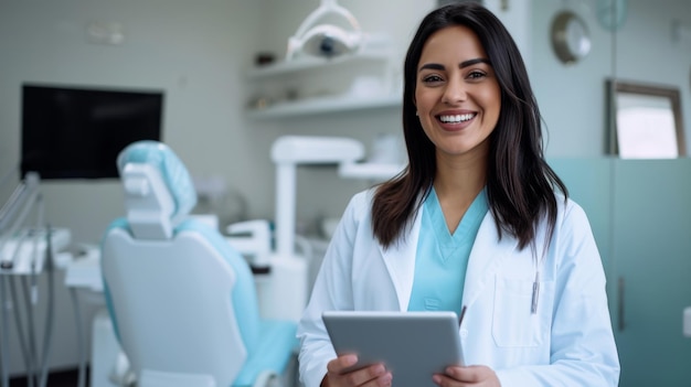 smiling woman in dental healthcare professional attire standing in a dental clinic with equipment in the background