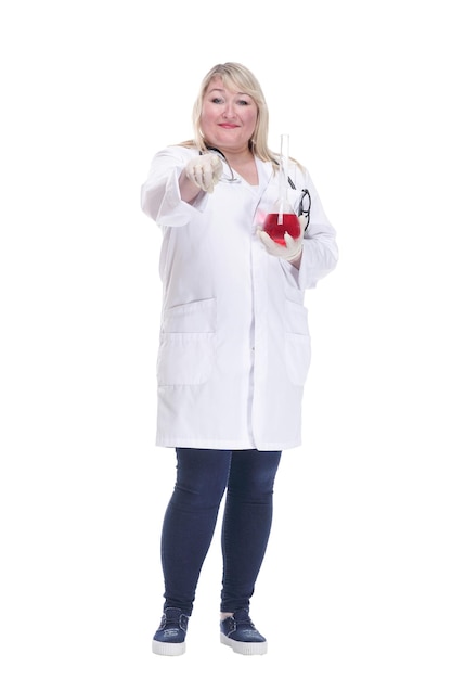 Smiling woman doctor with a laboratory flask isolated