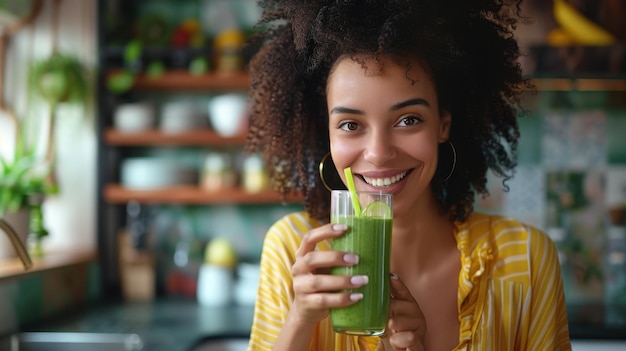 Smiling Woman Drinking Green Smoothie in Kitchen