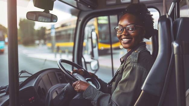 Smiling woman driving bus while working as profession