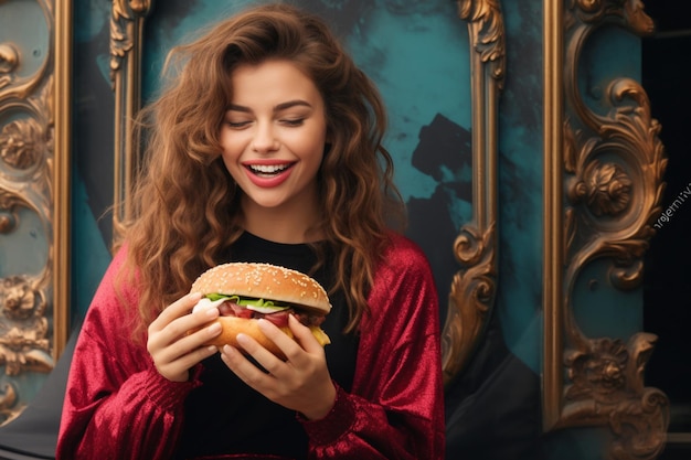 Photo smiling woman eating hamburger