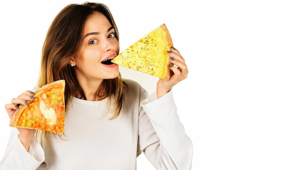 Smiling woman eating pizza hungry girl with two pizza slices snack fast food delivery pizzeria