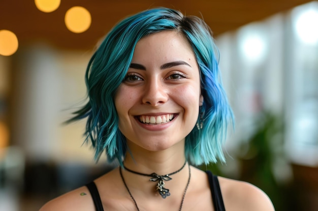 Photo smiling woman employee speechlanguage pathologist with blue hair