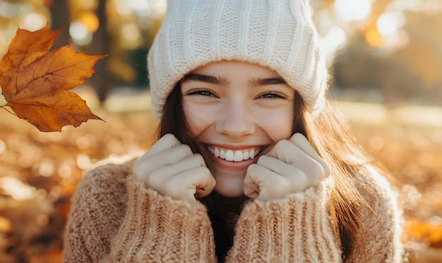 Photo smiling woman enjoying autumn leaves