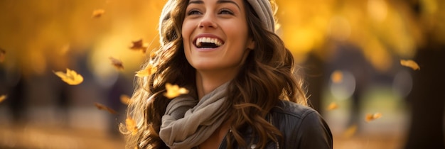 Smiling Woman Enjoying Autumn Outdoors with Falling Leaves in Park