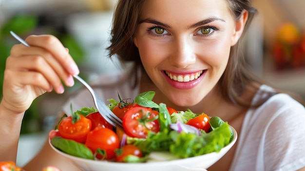 Photo smiling woman enjoying a fresh salad