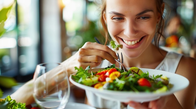 Smiling Woman Enjoying a Fresh Salad