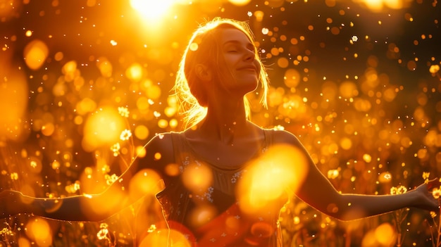 Smiling Woman Enjoying Sunlit Field at Sunset with arms open