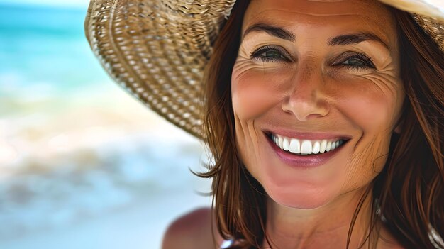 Smiling Woman Enjoying Sunny Beach Day in Straw Hat Casual Joyful Lifestyle Portrait Summer Vacation and Happiness Concept AI