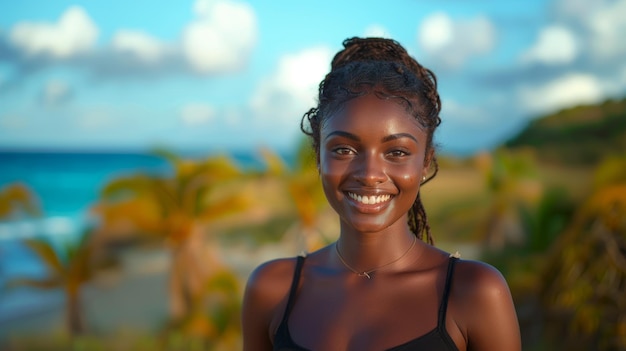 Smiling Woman Enjoying a Sunny Day Outdoors with Palm Trees and Blue Sky