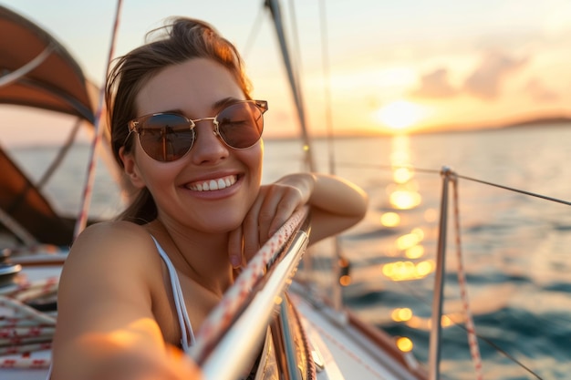 Smiling woman enjoying sunset sailboat ride