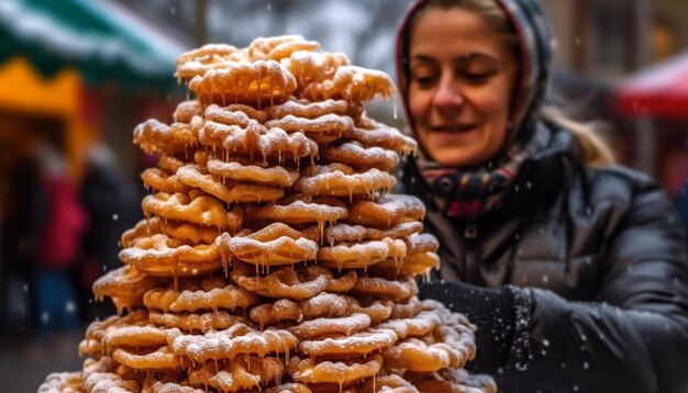 Smiling woman enjoys homemade winter cookie snack generated by AI