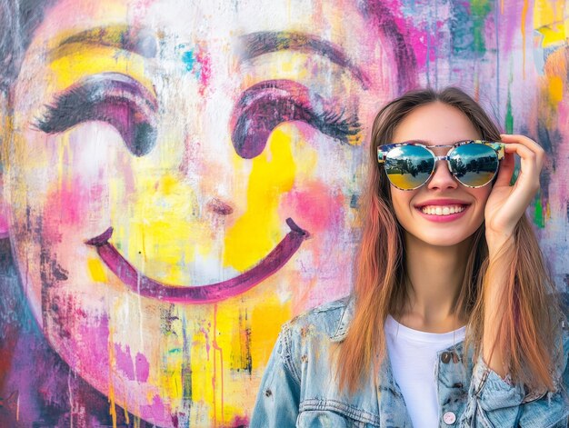 Photo smiling woman in front of a mural