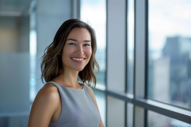 Smiling woman in front of window