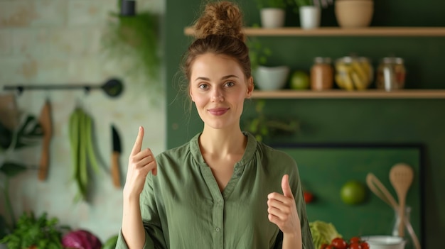 Photo smiling woman in a green shirt giving a thumbs up in a kitchen setting concept of approval