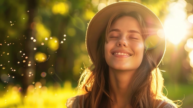 Photo smiling woman in a hat enjoying the sunshine