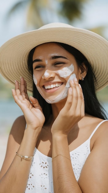 Photo smiling woman in hat is applying sunscreen on her face indian style