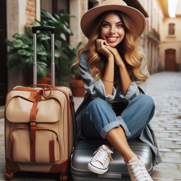 Smiling woman in hat sitting on travel bag and looking at camera