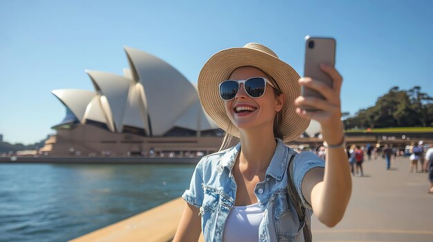 Photo a smiling woman in a hat and sunglasses takes a selfie in front of the sydney opera house