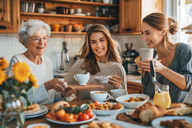 Smiling woman having breakfast with her mother and granny at home