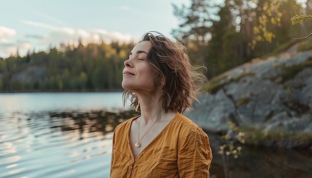 Photo smiling woman in her thirties enjoying the tranquility of nature by the calm lake