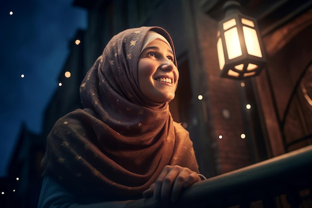 Smiling woman in hijab gazing to the stars Muslim female prayer with headscarf looking to the sky Generate ai