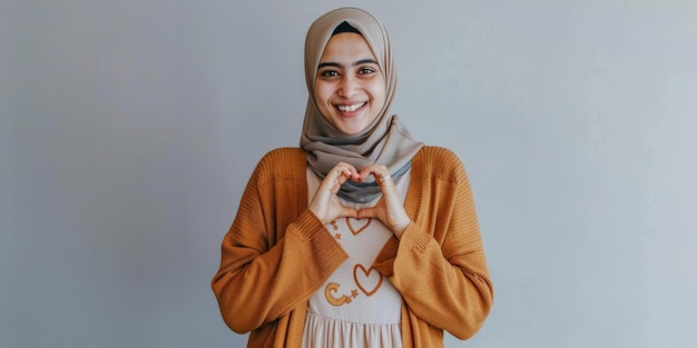 Smiling Woman in Hijab Making Heart Shape with Hands