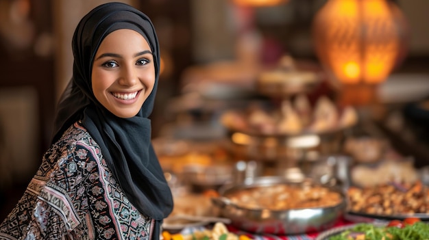 A smiling woman in a hijab sits at a table adorned with a variety of dishes